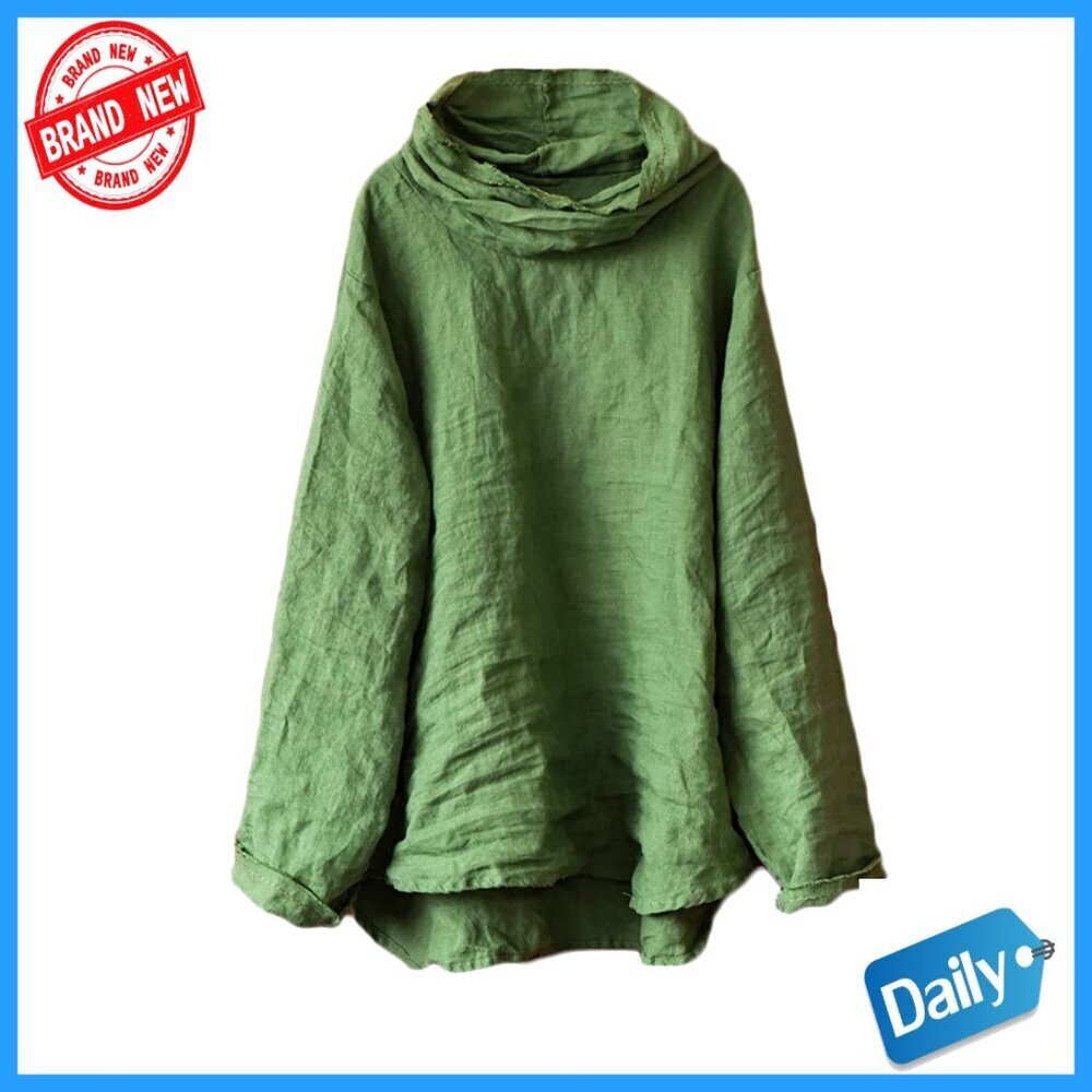 Linen Peasant Top Long Sleeve Mock Turtleneck High Low Hem Casual Loose Fit